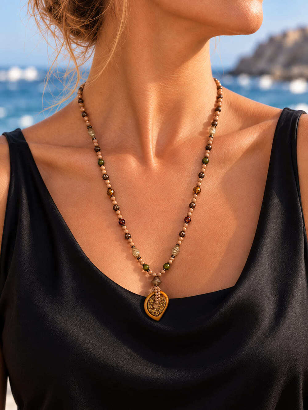 ⚜️ Beaded Pendant Necklace | Boho | Tan Brown Amber-Color Carved Resin 💗
